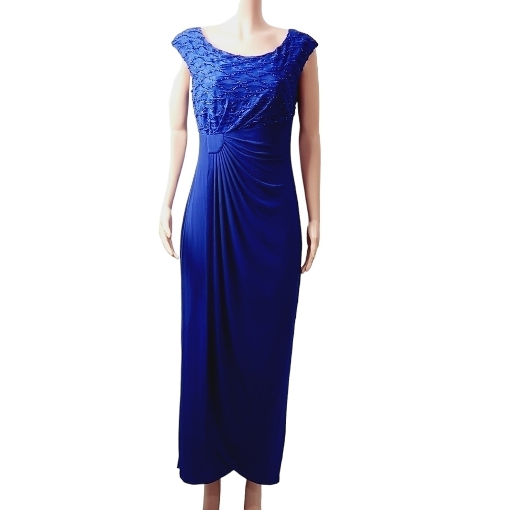 Connection Apperal Lisa Royal Blue Faux Wrap Floor Length Dress Size: 8